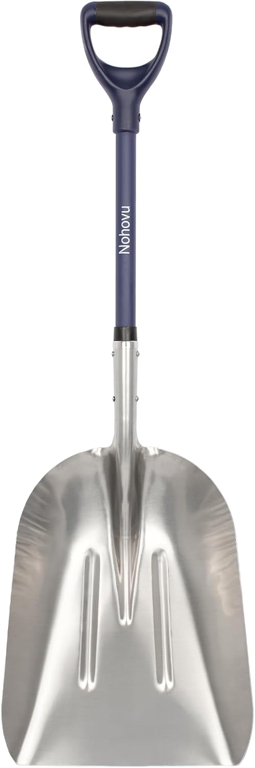 Nohovu Aluminum Snow Shovel - Large Capacity Driveway Snow Removal Tool, Fiberglass D-Handle, 45 Inch Blade