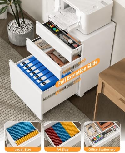 3 Drawer Mobile File Cabinet with Lock, Under Desk Metal Filing Cabinet for Letter/Legal/A4 Size, Fully Assembled Except Casters, Rolling Office Organizer for Home Office, Black