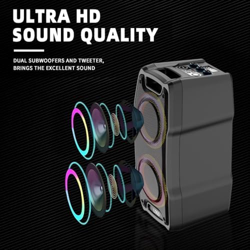 VeGue Karaoke Machine, Wireless Bluetooth PA System for Adults & Kids with Dual 8'' Subwoofers, 2 UHF Wireless Mics, Colorful LED Lights