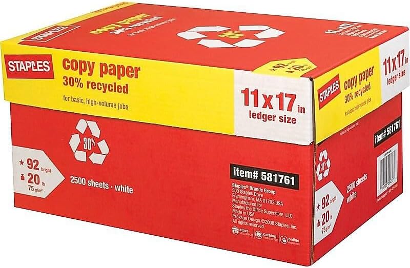 Staples 30% Recycled 8.5-Inch X 11-Inch Copy Paper 20 Lbs 92 Brightness 500/Ream, For Office, School & Home