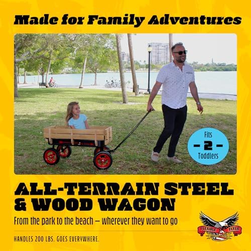 Flexible Flyer All-Terrain Wagon for Kids with Steel Bed & Wood Sides, Extra-Long Pull Handle for Adults, Heavy Duty Toy, Garden & Beach Baby Wagon