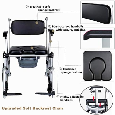 Mobile Shower Chair, 4-in-1 Toilet Commode Wheelchair with Brakes, Removable Pedal, Adjustable Armrest, PU Backrest Cushion and Pail 330lb