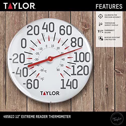 Taylor Metal Wall Indoor Outdoor Thermometer, Wireless Thermometer with Easy to Read Large Numbers for Patio, Pool, and Indoor Areas, 12-inch, White