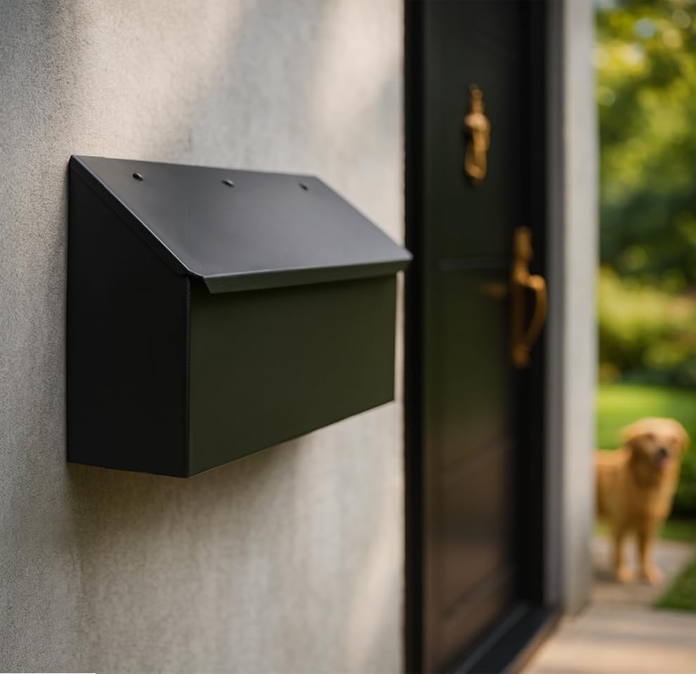 NACH Black Envelope Wall Mount Mailbox, Rust Resistant Metal Mailbox, Black Mailbox Wall Mount, Mailboxes for Outside Wall Mount, Outdoor Mailboxes, Wall Mailbox, 14.1 x 3.5 x 6 Inches, MB-6915BLK