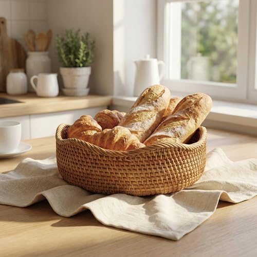 YANGQIHOME Rattan Bread Basket, Round Fruit Baskets, Wicker Storage Bowls, Natural Woven Serving Basket Bowls