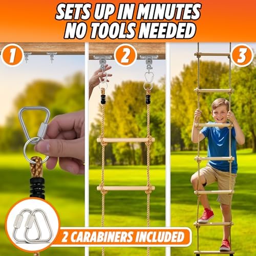 Wooden Rope Ladder for Kids - 6ft Tree Climbing Ladder with Carabiners