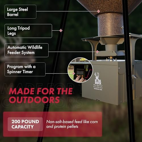 BOSS BUCK 200 LB Deer Feeder/Hunting Durable Lightweight Plastic UV Protected Waterproof Game Feeder with 12V Spinner Automatic Delivery System & Multi-Piece Legs
