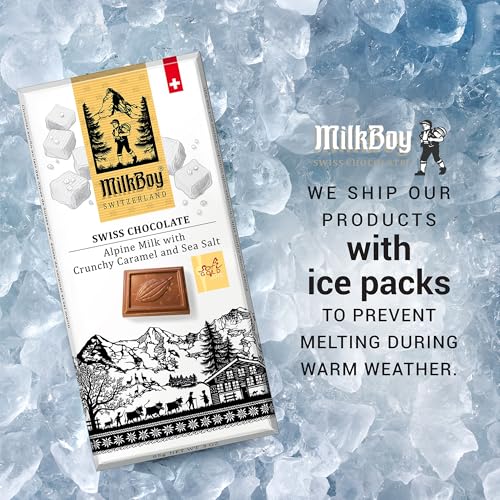 MilkBoy Swiss Chocolates Milk Chocolate Bars, Caramel Salt - 3 oz, 5 Pack | Premium gourmet treat with crunchy caramel and sea salt. Gluten free. Non-GMO. Kosher. Crafted in Switzerland.