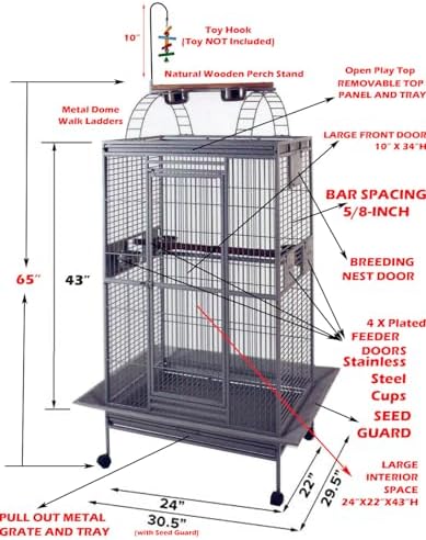 Large Double Ladders Open Play Top Wrought Iron Bird Parrot Parakeet Finch Macaw Cockatoo Cage, Include Seed Guard and Toy Hook (30.5''L x 29.5''W x 65''H, Black Vein)
