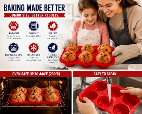 Silicone Texas Muffin Pan 6-Cups, Jumbo Muffin Pan Set of 2, BPA-Free Non-Stick Cupcake Maker, 10.75L x 7.5W for Baking