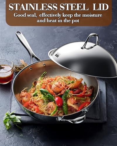 Cooks Standard Multi-Ply Clad 12 Inch Stainless Steel Wok Pan, Stir Fry Pan with Glass Lid, Induction Cookware, Dishwasher & Oven Safe, Compatible with All Cooktops