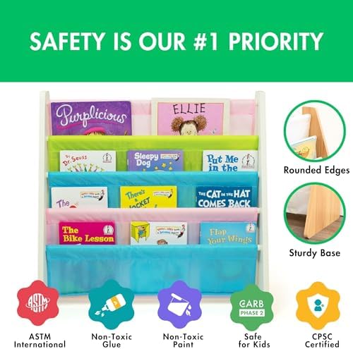 Humble Crew Kids Bookshelf, Montessori Front Facing Toddler Bookcase 4 Tier | Book display rack and reading nook organizer, nylon pockets show covers face out, compact for any playroom or bedroom space