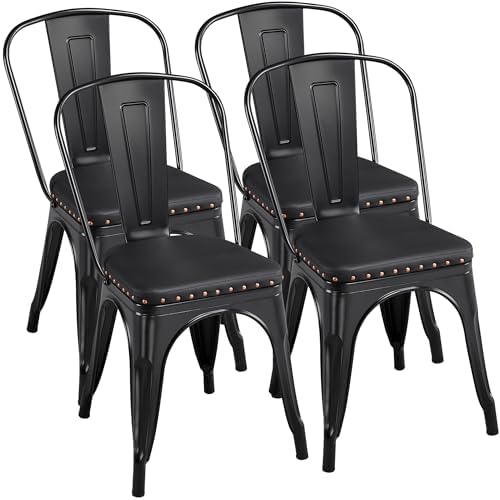 Yaheetech Metal Dining Chairs Set of 4 with Cushioned PU Leather Seat Black