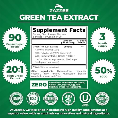 Zazzee Extra Strength Green Tea 20:1 Extract, 50% EGCG, 150 Vegan Capsules | 98% Polyphenols, 80% Catechins, 5 Month Supply, Certified Kosher, Antioxidant & Metabolism Support, Non-GMO, Made in the USA