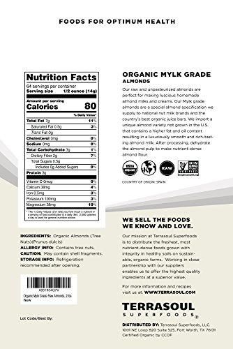 Terrasoul Superfoods Raw Unpasteurized Organic Almonds (Mylk Grade), 6 Pounds