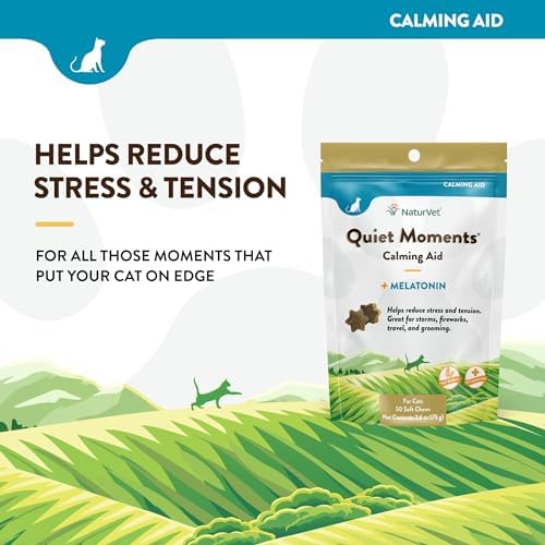 NaturVet Quiet Moments Calming Plus Melatonin Cat Supplement - 50 Count | Calming Aid for Cats - Reduce Stress, Pet Storm Anxiety, Motion Sickness - Great for Grooming, Separation and Travel
