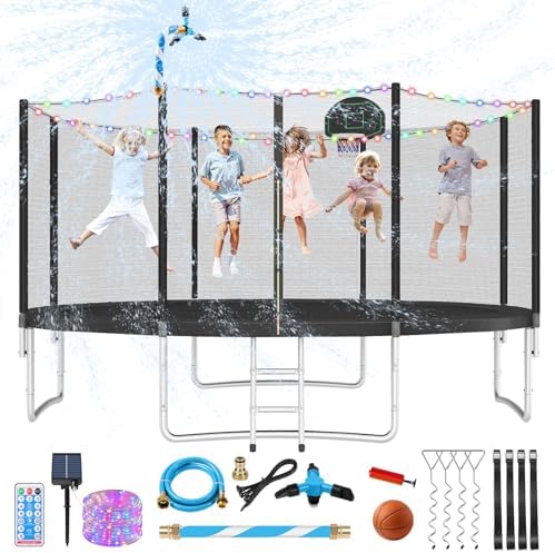 10 12 14 16FT Trampoline Outdoor, Light/Sprinkler/Basketball Hoop | Large Recreational Trampoline for Kids and Adults, Heavy Duty Yard Trampolines with Enclosure Net, ASTM Approval