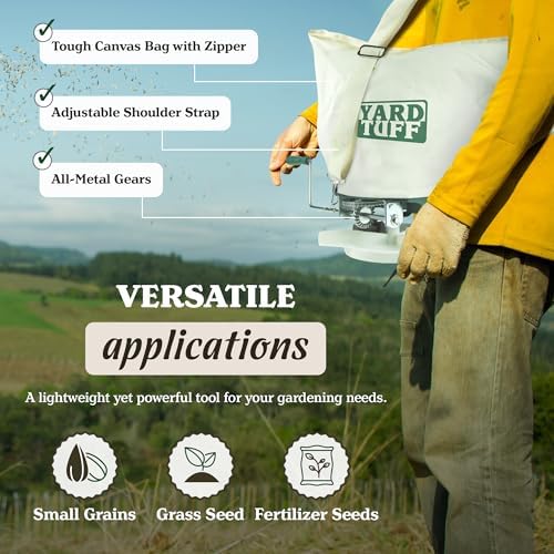 Yard Tuff Outdoor Lawn Garden 25 Pounds Shoulder Seeder and Grass Seed Spreader with Canvas Bag and Shoulder Strap, Green/White