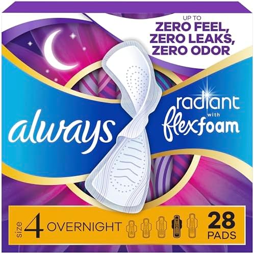 Always Radiant Feminine Pads for Women, Flexfoam Pads with Wings, Size 4, Overnight Absorbency, Lightly Scented, 60 Count (3 Packs of 20)