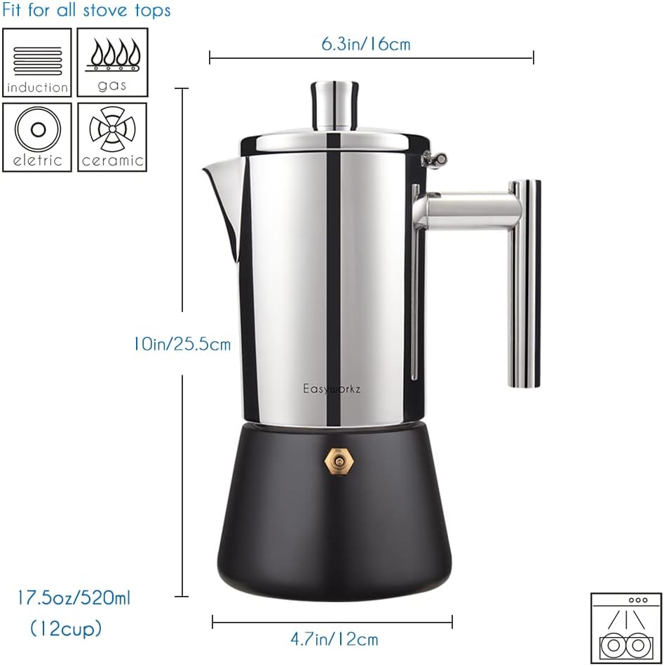Easyworkz Diego Stovetop Espresso Maker Stainless Steel Italian Coffee Machine Maker 6Cup 10 oz Moka Pot Induction Espresso Pot
