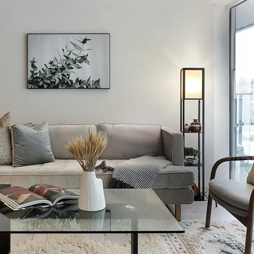 Brightech Maxwell - Modern Shelf Floor Lamp with Lamp Shade & Warm White LED Bulb, Corner Display Floor Lamp with Shelves for Living Room, Bedroom, Nightstand Office, Home Decor Storage - Natural Wood
