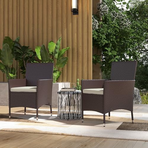 Outsunny Rattan Wicker Dining Chairs, Outdoor, 2 PCS, Dark Coffee | With Cushions, Anti-Slip Foot, Patio Stackable Chairs Set, Backyard, Garden, Lawn