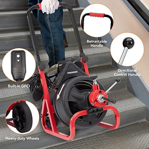 PioneerWorks Electric Drain Snake, 75Ft 1/2 Inch Auto-Feed Electric Drain Auger, Sewer Snake Machine with 6 Cutters & Glove for 2-4 Inch Pipes