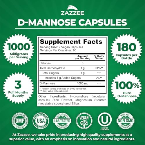 Zazzee D-Mannose, 1000 mg per Serving, 180 Vegan Capsules, 3 Month Supply | Potent & Fast-Acting, Certified Kosher, 100% Pure, All-Natural Urinary Tract Health Support, 100% Vegetarian, Non-GMO