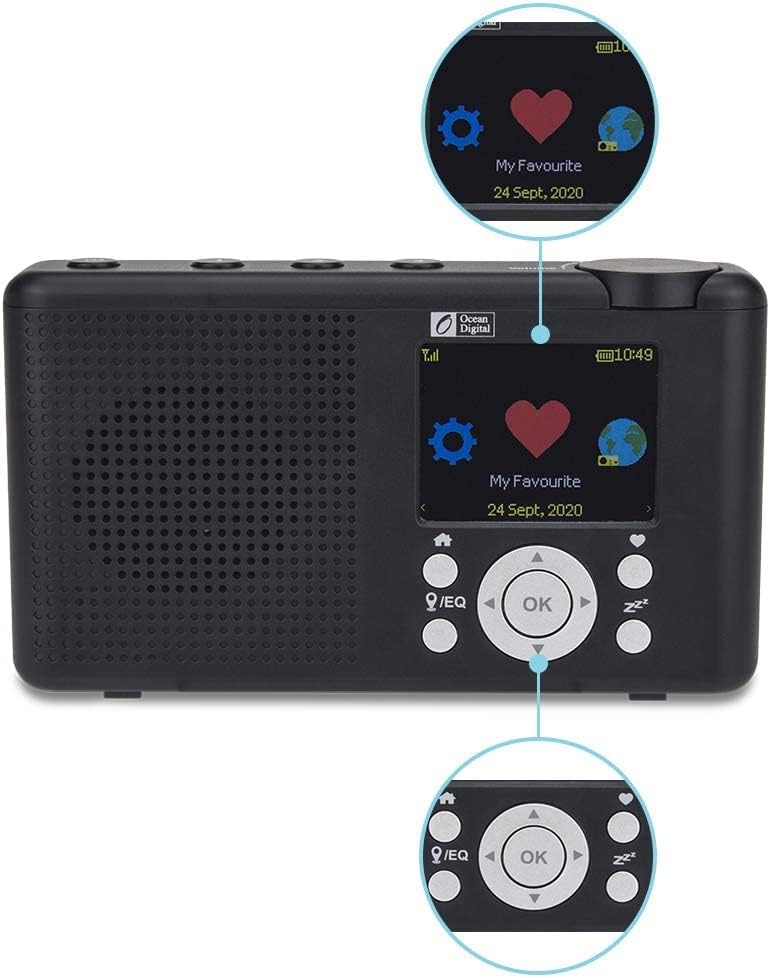 Ocean Digital WR-23F Portable FM Internet Radio 2.4” Color LCD Built-in Battery Wi-Fi Bluetooth (Black)