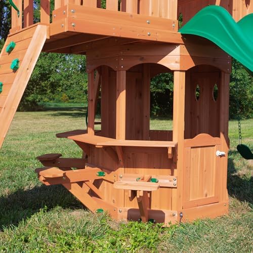 Backyard Discovery Woodland Cedar Wood Swing Set with Wave Slide, Clubhouse, Rock Wall, Snack Bar Station, Benches, Belt Swings, Trapeze, Half Door
