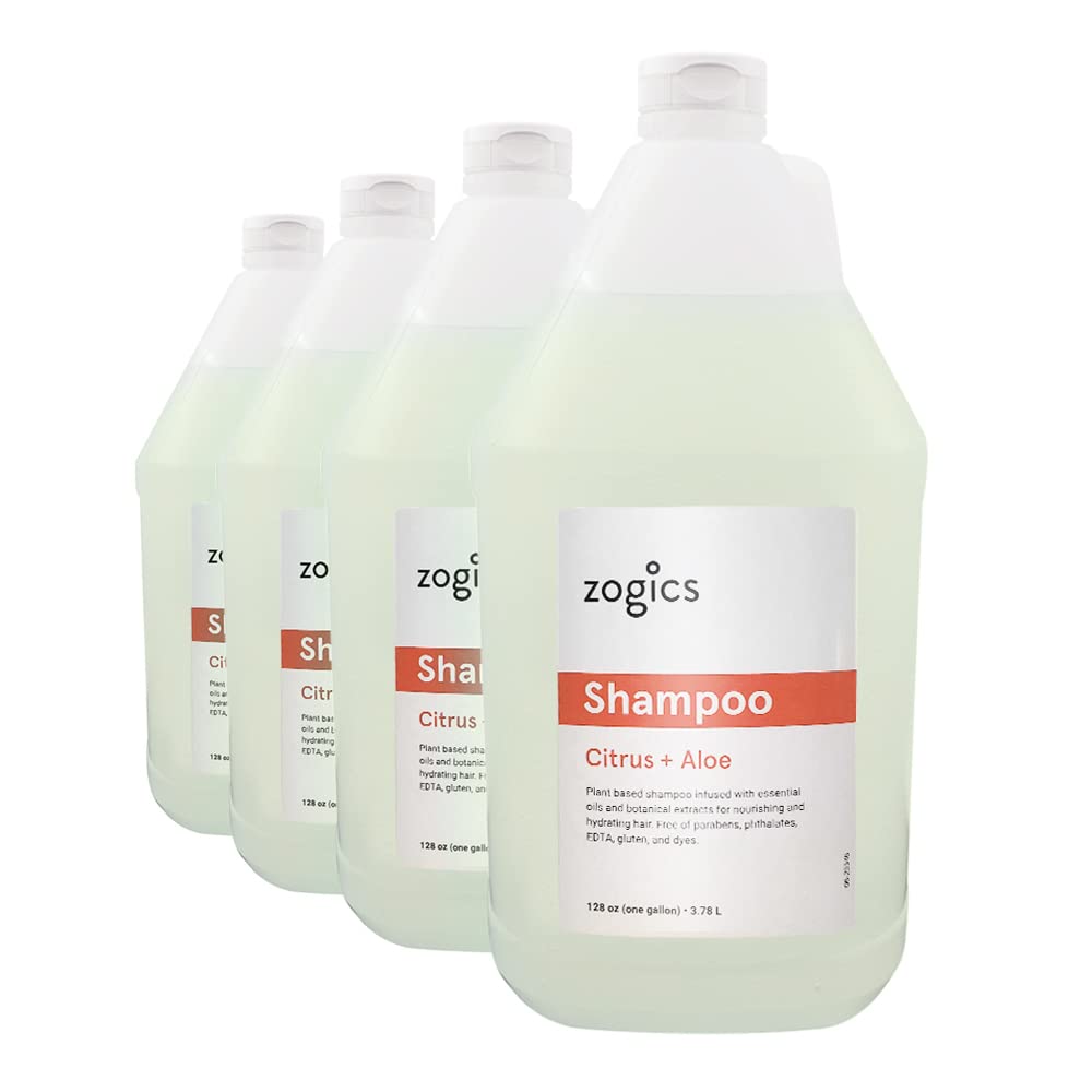 Zogics Shampoo, Citrus and Aloe, 4 Gallon Case | Plant-based formula cleans, nourishes and hydrates hair, for fitness centers, spas, health clubs, facilities and homes