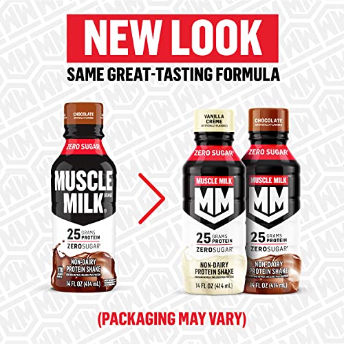 Muscle Milk Genuine Protein Shake, Chocolate, 14 Fl Oz Bottle, 12 Pack, 25g Protein, Zero Sugar, Calcium, Vitamins A, C & D, 6g Fiber, Energizing Snack, Workout Recovery, Packaging May Vary