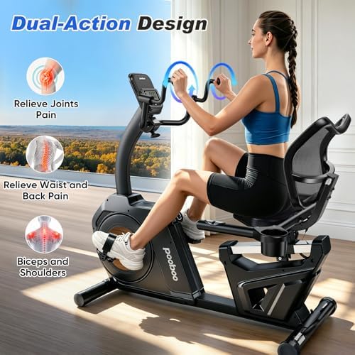 pooboo Recumbent Exercise Bike, Stationary Bikes for Home with Arm Exerciser, Magnetic Recumbent Bike with Ergonomic Backrest & Comfortable Seat