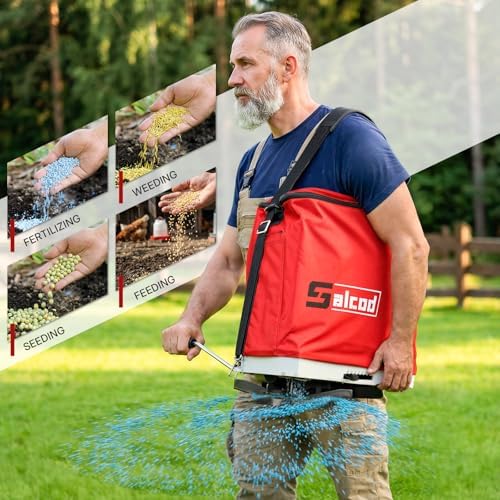 Salcod 25 lb Bag Seed Spreader, Handheld Broadcast Fertilizer Spreader, Red | Waterproof Bag, Enclosed Gears, Rear Baffle, Adjustable Shoulder Strap
