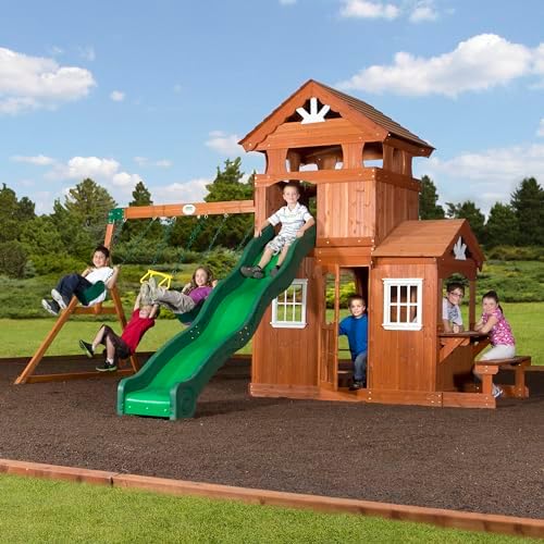 Backyard Discovery Shenandoah Cedar Wood Swing Set with Wave Slide, Raised Clubhouse, Playhouse, Play Kitchen, Belt Swings, Trapeze, Rock Wall, Ladder