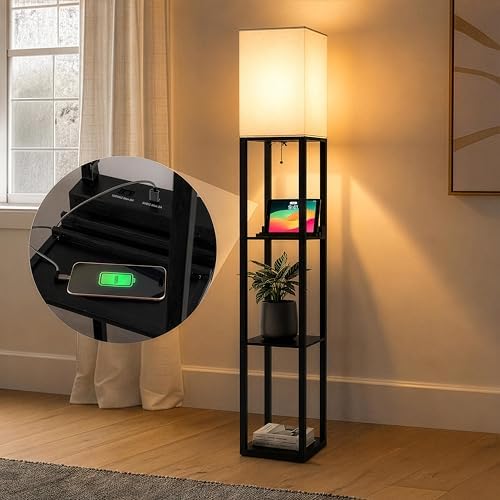 Brightech Maxwell Charger - Modern Shelf Floor Lamp with USB Charging Ports & Electric Outlet - Corner Display Floor Lamps with Shelves for Living