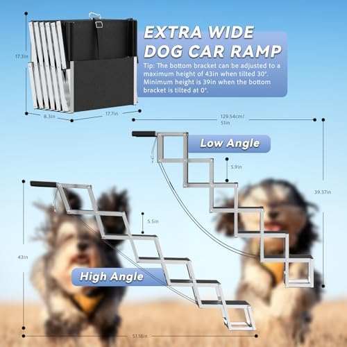 Deergym Dog Stairs for Large Dogs - 5 Step Wide 16in High 34in Foldable Dog Ramp for Car Non-Slip Surface Support up to 230lbs - Suitable for SUV,Truck, Sofas, Bed