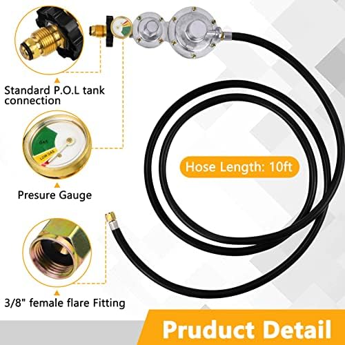 Azdele Two Stage Propane Regulator with 10 ft Hose and Gauge, CSA Certified