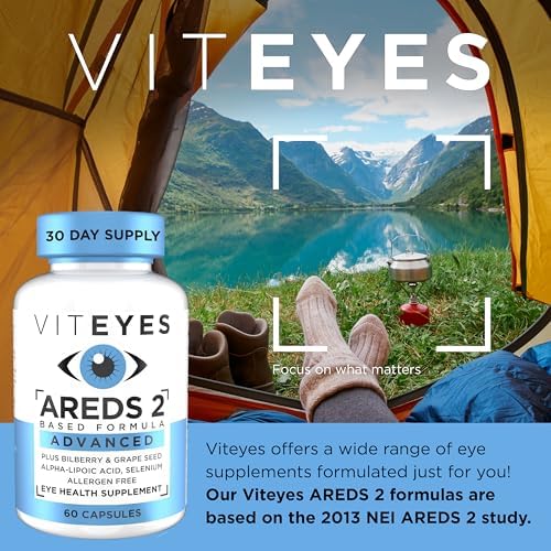 Viteyes AREDS 2 Advanced Eye Vitamins, Macular Support with Bilberry, grapeseed, FLORAGLO Lutein, Selenium, Natural Vitamin E, Allergen Free, Vision Protection, Eye Doctor Trusted, 180 Count