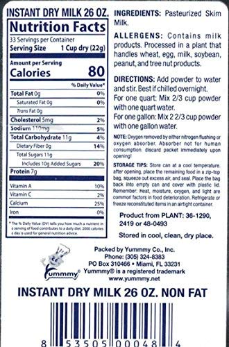 Yummmy Instant Nonfat 26 oz Powdered Dry Milk - Leche en Polvo, 26 oz, Grade A, Kosher Halal Certified, Product of USA