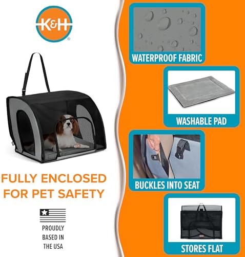 K&H Dog Car Seat, Travel Safety Carrier for Pets, Medium, Gray/Black | Enclosed Car Seat for Dogs, Soft-Sided Covered Pet Carrier, Washable Pad, Multiple Entrances, Mesh Windows, 24x19x17in