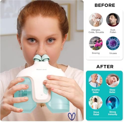 Nascool Electric Nasal Irrigation System Sinus Rinse Nose Cleaner for Adult | Comes with 50 saline packets, 2 Pairs of Nozzles
