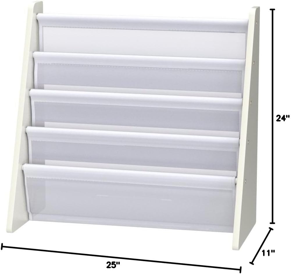 Humble Crew Kids Bookshelf, Montessori Front Facing Toddler Bookcase 4 Tier | Book display rack and reading nook organizer, nylon pockets show covers face out, compact for any playroom or bedroom space