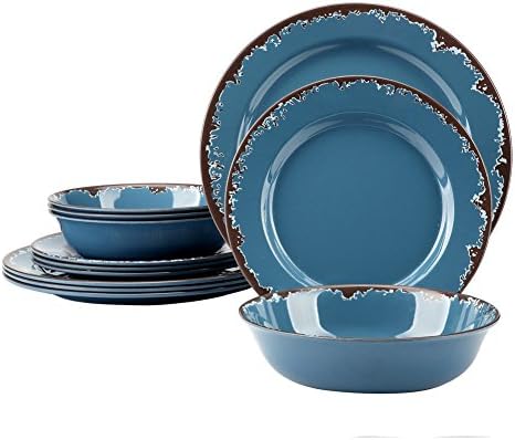 Rustic Melamine Dinnerware Set,12-Piece Plates and Bowls Sets,Yinshine Unbreakable Melamine Dish Set,Lightweight,Service for 4,Dishwasher Safe,Green