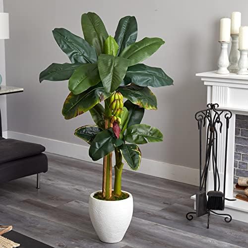 Nearly Natural 5ft. Double Stalk Banana Tree in White Planter