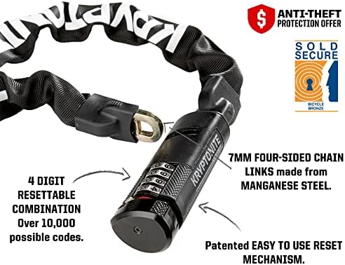 Kryptonite Keeper 790 Combo Bike Chain Lock, 3 Feet Long Heavy Duty Anti-Theft Sold Secure Gold Bicycle Chain Lock
