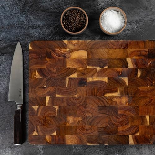 Extra-Large Acacia Wood Cutting Board with Built-In Handles – Checkered End-Grain Butcher Block, Reversible Chopping Board for Meat