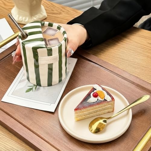 2 Pack Ceramic Coffee Mug with Sip Hole Espresso Cup 10oz with Straws Retro Hand Painted Striped Ceramic Iced Coffee Tea Travel Mug Latte Cup for