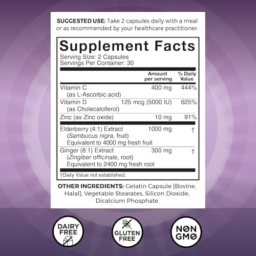Viva Naturals Elderberry with Vitamin C and Zinc for Adults - 5 in 1 Sambucus Black Elderberry Capsules with Vitamin D3 5000 IU Immunity Supplement