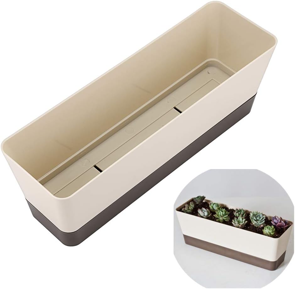Skelang 3 Pcs Rectangular Plant Pot, 12" Watering Container with Drainage Hole, Window Planter Box with Saucer for Succulents, Flowers, Indoor Plants